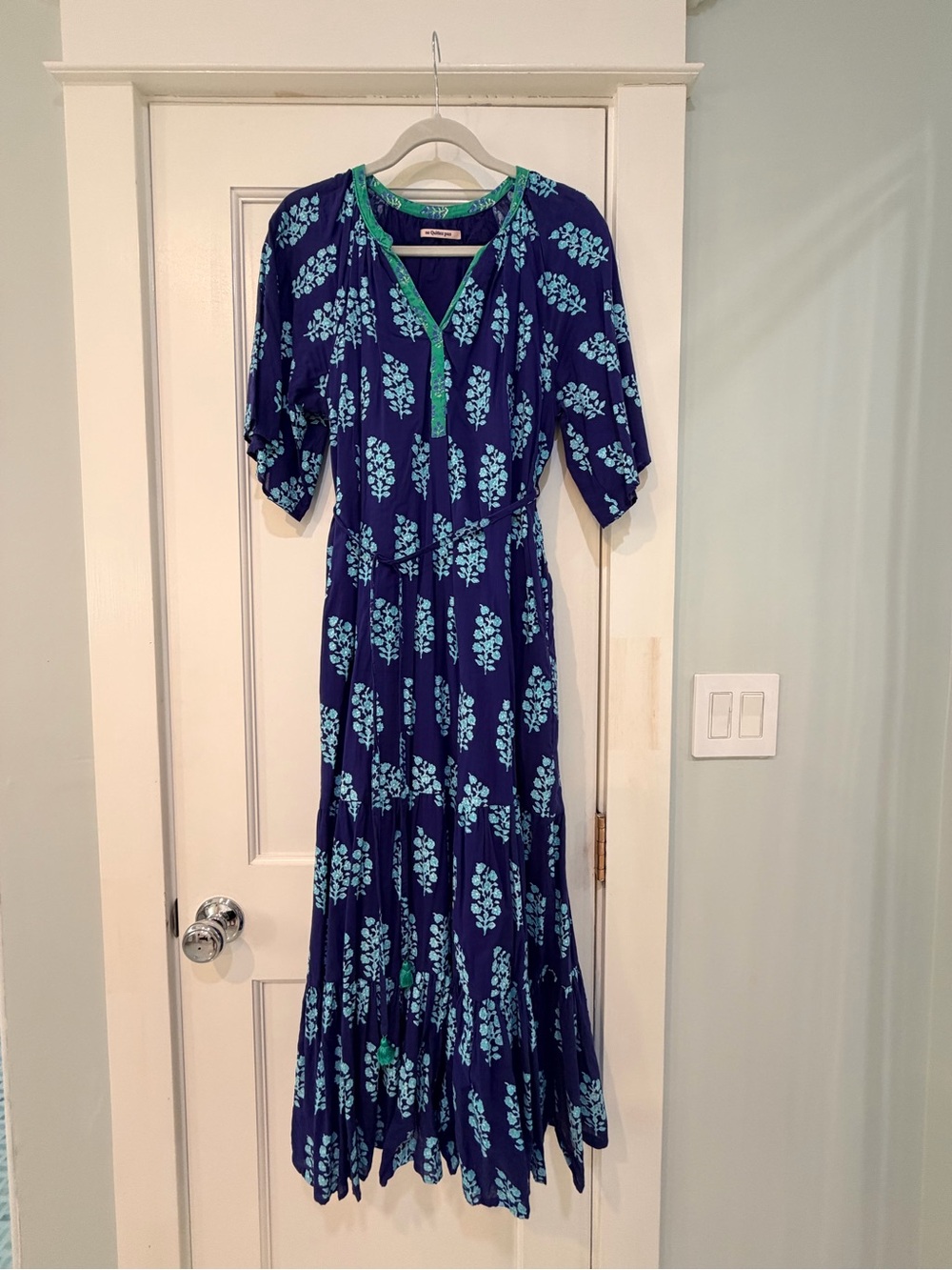 Navy Floral Tiered Maxi Dress with Aqua Leaf Print